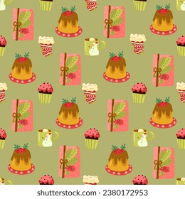 Christmas and Happy New Year seamless pattern with Christmas toys,gifts and sweets. Trendy retro style. Vector design template.