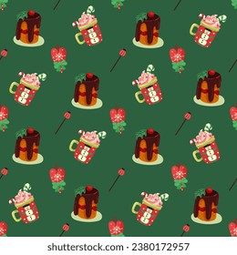 Christmas and Happy New Year seamless pattern with Christmas toys,gifts and sweets. Trendy retro style. Vector design template.