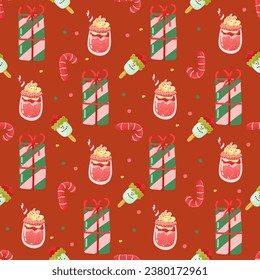 Christmas and Happy New Year seamless pattern with Christmas toys,gifts and sweets. Trendy retro style. Vector design template.