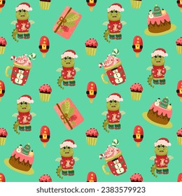 Christmas and Happy New Year seamless pattern with Christmas toys, gifts and sweets. Trendy retro style. 