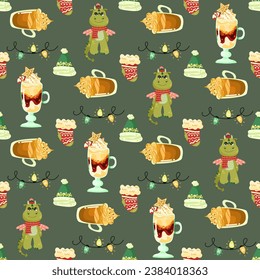 Christmas and Happy New Year seamless pattern with Christmas toys, gifts and sweets. Trendy retro style. 