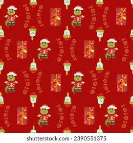 Christmas and Happy New Year seamless pattern with Christmas toys, gifts and sweets. Trendy retro style. 