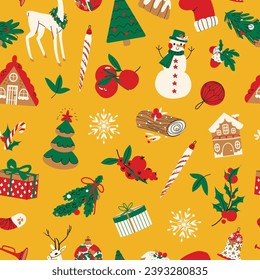 Christmas and Happy New Year seamless pattern with Christmas toys, tree, sweets, deer, snowmen and gift box. Trendy Vector design for prints, cover, fabric, wrapping paper, wallpaper, textile