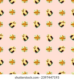 Christmas and Happy New Year seamless pattern with Christmas toys, gifts and sweets. Trendy retro style. 