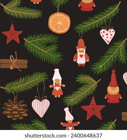 Christmas and Happy New Year seamless pattern with Christmas tree, toys and presents. Cartoon vector design pattern ornaments illustration.