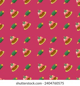 Christmas and Happy New Year seamless pattern with Christmas toys, gifts and sweets. Trendy retro style. 