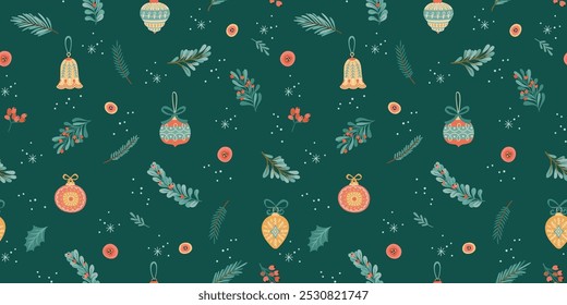 Navidades y feliz año Nuevo sin patrón. СÁrbol de Navidad decoraciones ramas, bayas, copos de nieve. Símbolos del Año Nuevo. Estilo retro de moda. Plantilla de diseño de Vector.