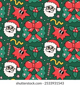 Christmas and Happy New Year seamless groovy pattern. Santa Claus, festive wreath, lollipop, candy, star, holy berry in cartoon style. Vector illustration for textile, wallpaper, wrapping paper. 