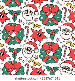 Christmas and Happy New Year seamless groovy pattern. Santa Claus, festive wreath, lollipop, candy, star, holy berry in cartoon style. Vector illustration for textile, wallpaper, wrapping paper. 