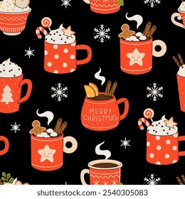 Christmas and Happy New Year seamless pattern. Mugs of cacao with whipped cream, marshmallow and candy cane. Greeting card for Xmas, New year or winter holidays. Vector design template.