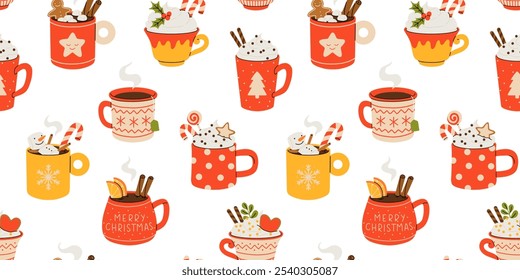 Christmas and Happy New Year seamless pattern. Mugs of cacao with whipped cream, marshmallow and candy cane. Greeting card for Xmas, New year or winter holidays. Vector design template.