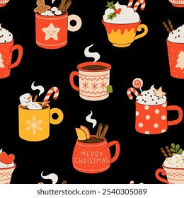 Christmas and Happy New Year seamless pattern. Mugs of cacao with whipped cream, marshmallow and candy cane. Greeting card for Xmas, New year or winter holidays. Vector design template.