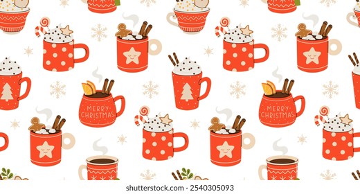 Christmas and Happy New Year seamless pattern. Mugs of cacao with whipped cream, marshmallow and candy cane. Greeting card for Xmas, New year or winter holidays. Vector design template.