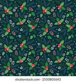 Natal e Feliz Ano Novo sem emenda padrão com flores.  Padrão de design floral de Natal com ramos de inverno, flores, folhas, abeto, visco, ponsettia, bagas. Estilo retrô. Modelo de vetor