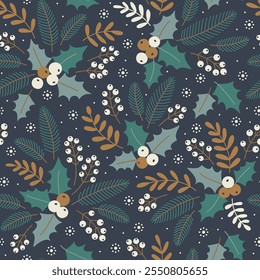 Christmas and Happy New Year seamless pattern with flowers.  Christmas floral design pattern with winter branches, flowers, leaves, spruce, mistletoe, poinsettia, berries. Retro style. Vector template