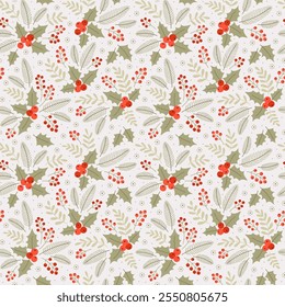 Christmas and Happy New Year seamless pattern with flowers.  Christmas floral design pattern with winter branches, flowers, leaves, spruce, mistletoe, poinsettia, berries. Retro style. Vector template