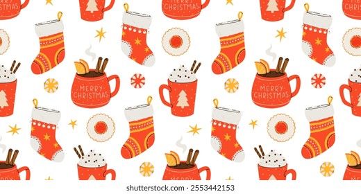 Christmas and Happy New Year seamless pattern. Mugs of cacao with whipped cream, marshmallow and candy cane. Greeting card for Xmas, New year or winter holidays. Vector design template.