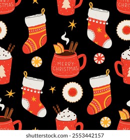 Christmas and Happy New Year seamless pattern. Mugs of cacao with whipped cream, marshmallow and candy cane. Greeting card for Xmas, New year or winter holidays. Vector design template.