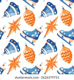 Christmas and Happy New Year seamless pattern in cartoon style. Christmas toys decoration in a shape of star, bell, ice skate and pine cone. Retro, vintage. Vector illustration isolated on a white