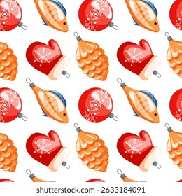 Christmas and Happy New Year seamless pattern in cartoon style. Christmas toys decoration in a shape of fish, mitten and pine cone. Retro, vintage illustration on a white background.