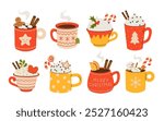 Christmas and Happy New Year set. Mugs of cacao with whipped cream, marshmallow and candy cane. Greeting card for Xmas, New year or winter holidays. Vector design template.