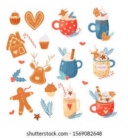 Christmas and Happy New Year set. Cute mugs with hot beverages, whipped cream, candy cane, gingerbread man, cookies, pastry, cupcakes. Elements for greeting cards design, posters, stickers.