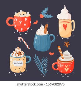 Christmas and Happy New Year set. Cute mugs with hot beverages (cacao, tea, coffee) decprated with whipped cream, candy cane. Elements for greeting cards design, posters, stickers.