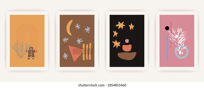 Christmas and Happy New Year. Set of vector vertical backgrounds with abstract elements and shapes in Boho style. Background for mobile app page minimalist Mid century modern.