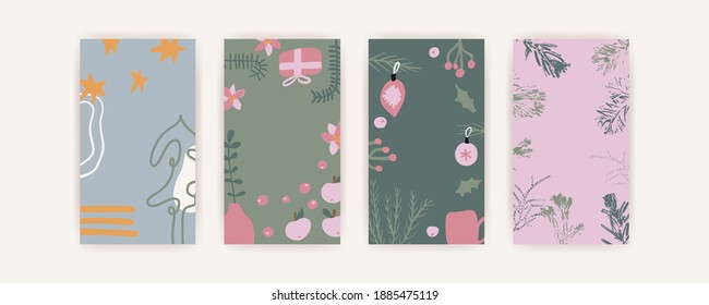 Christmas and Happy New Year. Set of vector vertical backgrounds with abstract elements and shapes in Boho style. Background for mobile app stories minimalist Mid century modern design.