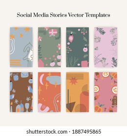 Christmas and Happy New Year. Set of vector vertical backgrounds with abstract elements and shapes in Boho style. Background for mobile app stories minimalist Mid century modern.