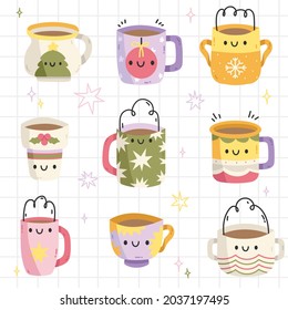 Christmas and Happy New Year set. Kawaii mugs of tea. Greeting card for winter holidays. Vector design template.Perfect for greeting cards, party invitations, posters, stickers, pin, scrapbooking