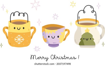 Christmas and Happy New Year set. Kawaii mugs of tea. Greeting card for winter holidays. Vector design template.Perfect for greeting cards, party invitations, posters, stickers, pin, scrapbooking