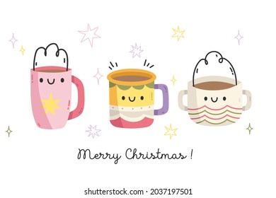 Christmas and Happy New Year set. Kawaii mugs of tea. Greeting card for winter holidays. Vector design template.Perfect for greeting cards, party invitations, posters, stickers, pin, scrapbooking