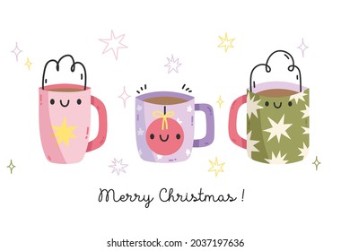 Christmas and Happy New Year set. Kawaii mugs of tea. Greeting card for winter holidays. Vector design template.Perfect for greeting cards, party invitations, posters, stickers, pin, scrapbooking