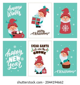 The Christmas and Happy New Year set of cards with winter gnomes. The collection cartoon characters with text is good for holiday designs, etc. Vector illustration