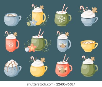 Christmas and Happy New Year set. Cute mugs with hot beverages, candy cane, gingerbread man, whipped cream, cookies. Elements for greeting cards design, posters, stickers.