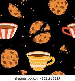 Christmas and Happy New Year set. Cute mugs with hot beverages cacao, tea, coffee, chocolate chips cookies, pastry. Elements for greeting cards design, posters, stickers.