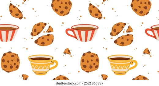 Christmas and Happy New Year set. Cute mugs with hot beverages cacao, tea, coffee, chocolate chips cookies, pastry. Elements for greeting cards design, posters, stickers.