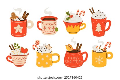 Christmas and Happy New Year set. Mugs of cacao with whipped cream, marshmallow and candy cane. Greeting card for Xmas, New year or winter holidays. Vector design template.