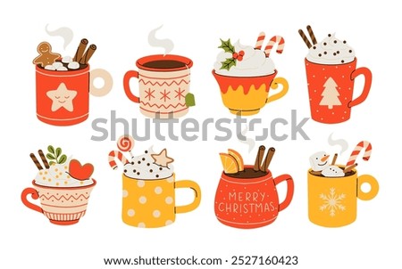 Christmas and Happy New Year set. Mugs of cacao with whipped cream, marshmallow and candy cane. Greeting card for Xmas, New year or winter holidays. Vector design template.