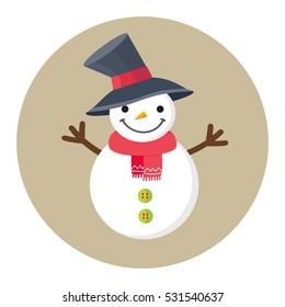 Christmas or Happy New Year smiling snowman in big funny hat and red scarf. Cute greeting card. Flat vector illustration in cartoon style 