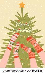 Christmas and Happy New Year socks card poster.  Cartoon Christmas tree. Templates trendy retro style. Vector design element stock illustration.