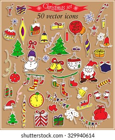 Christmas and Happy New Year sticker label decorations modern style vector postcard template. Stylish concept icons set of Xmas and winter holidays.

