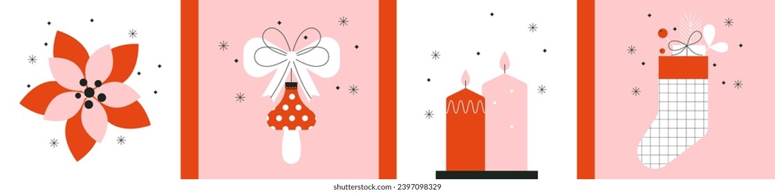 Christmas and Happy New Year symbols. Winter Holiday set. Merry Christmas modern design. Candles. Baubles. Winter design elements. Xmas decorations. Flat vector illustration. Scandinavian style.