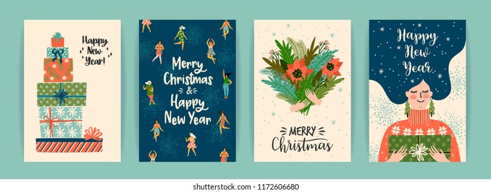 Christmas and Happy New Year templates. Trendy retro style. Vector design elements.
