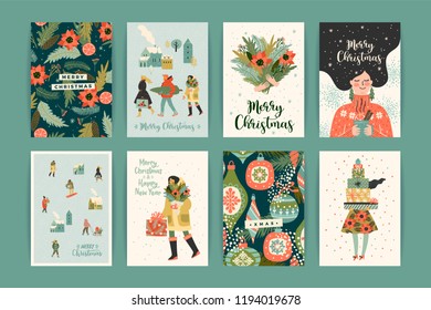 Christmas and Happy New Year templates. Trendy retro style. Vector design element.