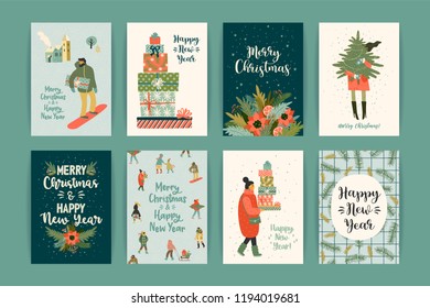 Christmas and Happy New Year templates. Trendy retro style. Vector design element. Christmas and Happy New Year templates. Trendy retro style. Vector design element.