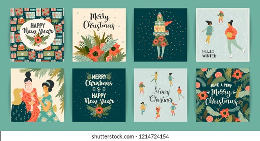 Christmas and Happy New Year templates. Trendy retro style. Vector design element.