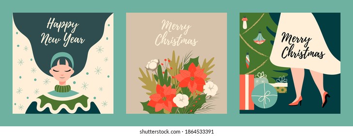 Christmas and Happy New Year templates. Cute postcard, poster, poster. Fashionable retro style. Vector design element.
