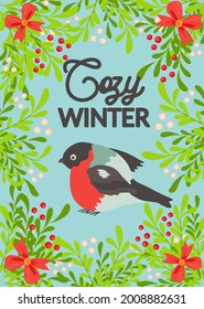 Christmas and Happy New Year templates. Trendy retro style. Lettering Cozy Winter